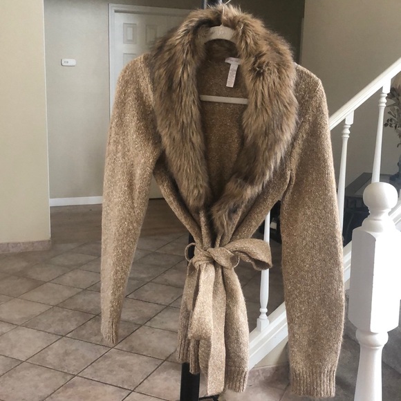 Faux fur collar, Charter Club tie sweater - Picture 1 of 5